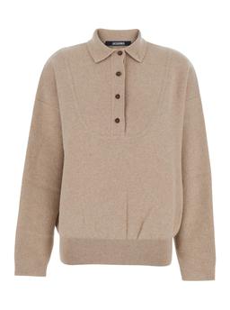 Jacquemus la Maille Vareuse Pallone Beige Sweater With Polo Shirt Style Collar In Wool And Cashmere Stretch Woman