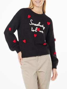 MC2 Saint Barth Woman Boxy Shape Soft Sweater With Somebody To Love Embroidery And Crochet Hearts Patch