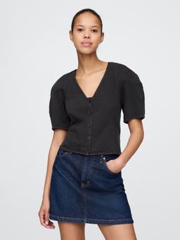 Cropped Puff-Sleeve Denim Shirt