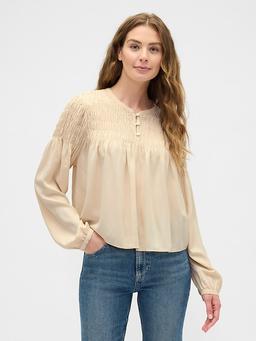 Relaxed Smocked Balloon-Sleeve Top