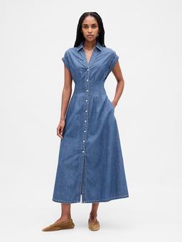 Denim Roll-Cuff Midi Shirtdress