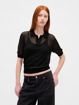 Sheer Crop Polo Sweater
