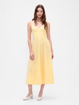 Linen-Blend Seamed Corset Midi Dress