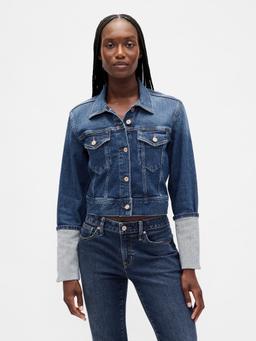 Pin-Cuff Crop Icon Denim Jacket