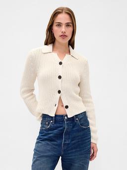 100% Cotton Collared Crop Cardigan Sweater