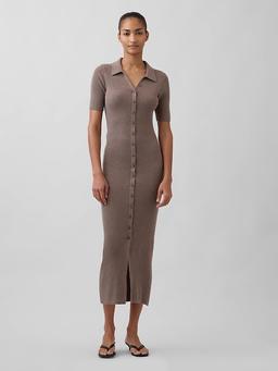 CashSoft Rib Collared Midi Cardigan Dress