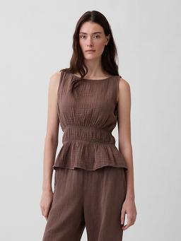 Cotton Gauze Smocked-Waist Peplum Top