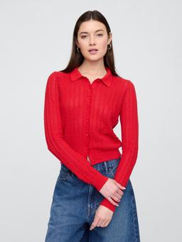 Open-Stitch Collared Cardigan
