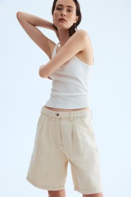 Pleated Denim Shorts