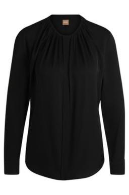 Ruched-neck blouse in stretch-silk crepe de Chine- Black Women's Business Blouses