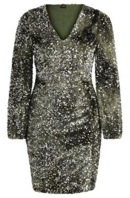 Long-sleeved velour dress with gathered details- Dark Green Women's Business Dresses