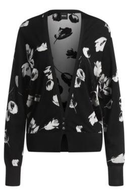 Merino wool-blend cardigan with tulip jacquard- Patterned Women's Cardigans