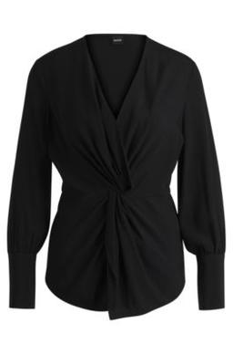 Regular-fit blouse in silk with twist front- Black Women's Business Blouses