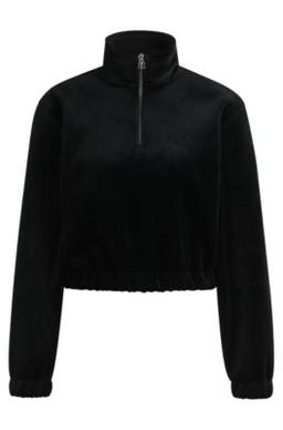 HUGO Relaxed-fit zip-neck sweatshirt in stretch velvet - Black Women's Sweatshirts