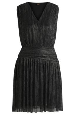 Pliss pleat wrap-front dress with ruffle hem- Black Women's Business Dresses