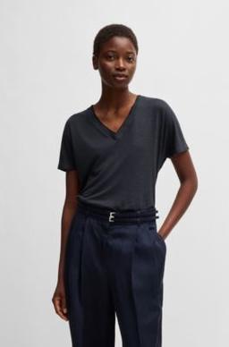 BOSS V-neck T-shirt with Double B monogram - Dark Blue Women's T-Shirts