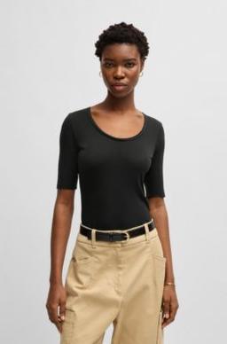 BOSS Scoop-neck T-shirt in ribbed stretch fabric - Black Women's T-Shirts