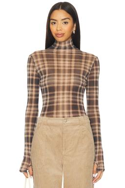 Plaid Mesh Long Sleeve Turtleneck Top