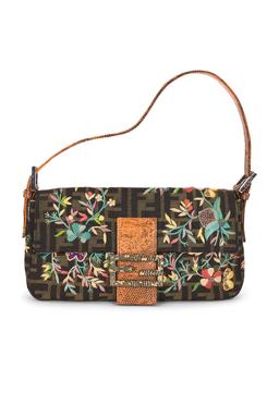 Fendi Zucca Floral Embroidered Baguette Shoulder Bag