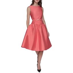 Karl Lagerfeld Paris Women's Sleeveless Boat Neck Drop Waist Belted Midi Dress, Sunset Coral