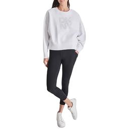 DKNY Women's Studded Logo Cropped Crewneck Fleece Sweatshirt, White, Large