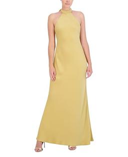 BCBGMAXAZRIA Women's Sleeveless Halter Neck Long Evening Dress, Prairie Sand