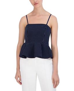 BCBG New York Women's Straight Neck Sleeveless Peplum Top, Pinstripe Blue