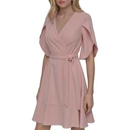 DKNY Women's Tulip Sleeve Scuba Crepe Faux Wrap Dress, Powder, 18