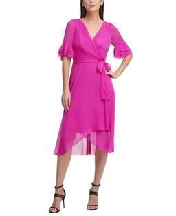 DKNY Women's Ruffle Sleeve Surplice Tie Fit & Flare Midi Dress, Raspberry