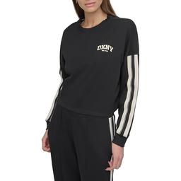 DKNY Women's Stripe Varsity Logo Cropped Crewneck Sweatshirt, Black/Eggnog, Small