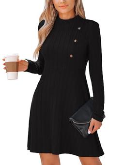 CUPSHE Women's Textured Round Neck Knit Long Sleeve Beach Dress Mini Dress Black, XL