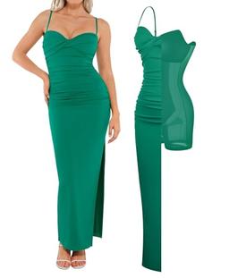 Popilush Women's Summer Maxi Dress - Shapewear Long Formal Cocktail Party Dresses Ruched Bodycon Dress Green