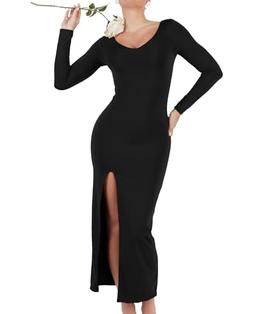 Popilush Black Shapewear Dresses for Womens V Neck Long Sleeve Maxi Dress with Slit Bodycon Wedding Guest Formal Fall Dress