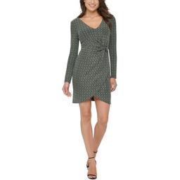 GUESS Women's Faux Wrap Metallic Long Sleeve Dress, Emerald Multi, 14