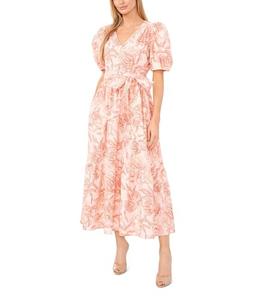 CeCe Women's Printed Linen Puff Sleeve V-Neck Maxi Dress, Sweet Rose Medium