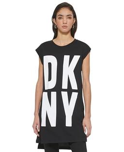 DKNY SPORTSWEAR Women's Cap Sleeve Logo T-Shirt Dress, Black/White, XL