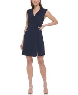 DKNY Women's Chain Detail Vneck Sleeveless Dress, Navy, 14