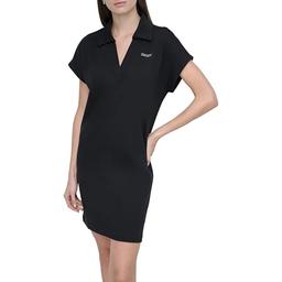 DKNY Women's Studded Logo Short Sleeve Collared V-Neck T-Shirt Dress, Black, X-Large