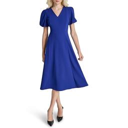 DKNY Women's Bubble Sleeve V-Neck Fit & Flare Mini Dress, Marine