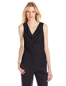 Calvin Klein Women's Sleeveless Draped Neck Suiting Blouse, Deep Black, L