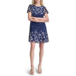 DKNY Women's Flutter Sleeve Ruffle Hem Shift Mini Dress, Blueprint