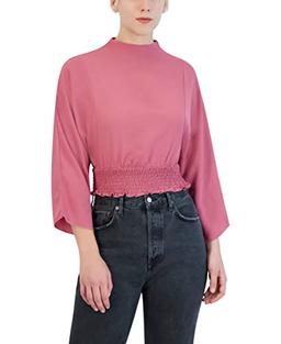 BCBGeneration Women's Relaxed 3/4 Sleeve Top with Smocked Waist, Rose Pink, Large