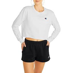 Champion Shirt, Cropped Top with Long Sleeves for Women, White C Logo, X-Large