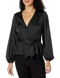 GUESS Women's Long Sleeve Juley Satin Tie Front Top, Jet Black