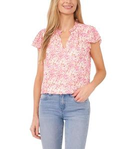 CeCe Women's Flutter Sleeve Front Keyhole Blouse, Peach Coral