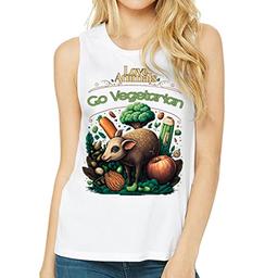 Love Animals Go Vegetarian Print Women's Muscle Tank - Art Tank Top - Plants Workout Tank - White, L