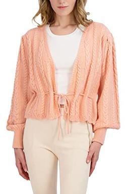 BCBGeneration Women's Long Balloon Sleeve Peplum Cable Knit Sweater Plunging V Neck Drawstring Top, Peach, X-Small