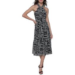 Karl Lagerfeld Paris Women's Multi Color Sleevelss Mock Neck Midi Dress, Black Soft White