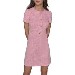Karl Lagerfeld Paris Women's Flower Buttons Scoop Neck Sort Sleeved Sheath Dress, Pink Sherbet Soft White