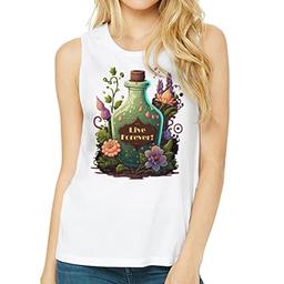 Live Forever Print Women's Muscle Tank - Floral Tank Top - Print Workout Tank - White, XL